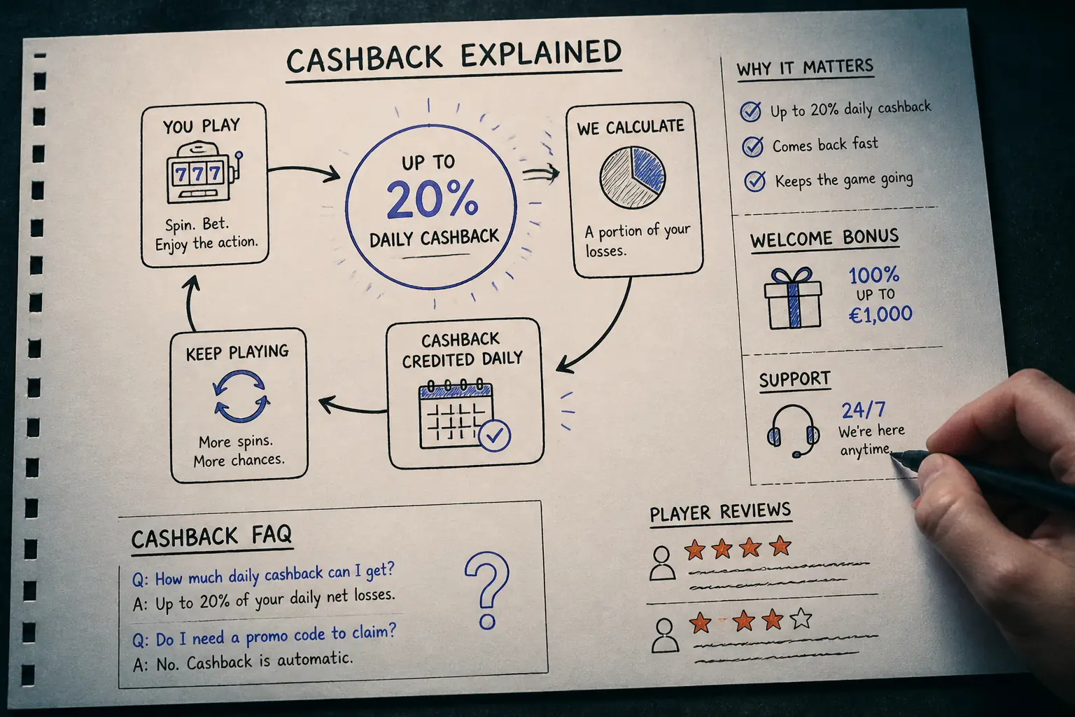 Casino Days Cashback – 20% Daily Cashback Offer visual guide for Casino Days